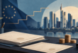 Illustrazione di documenti obbligazionari e monete davanti a edifici finanziari europei