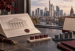 Illustrazione di documenti finanziari e un calendario su una scrivania, con architettura bancaria sullo sfondo