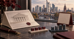Illustrazione di documenti finanziari e un calendario su una scrivania, con architettura bancaria sullo sfondo