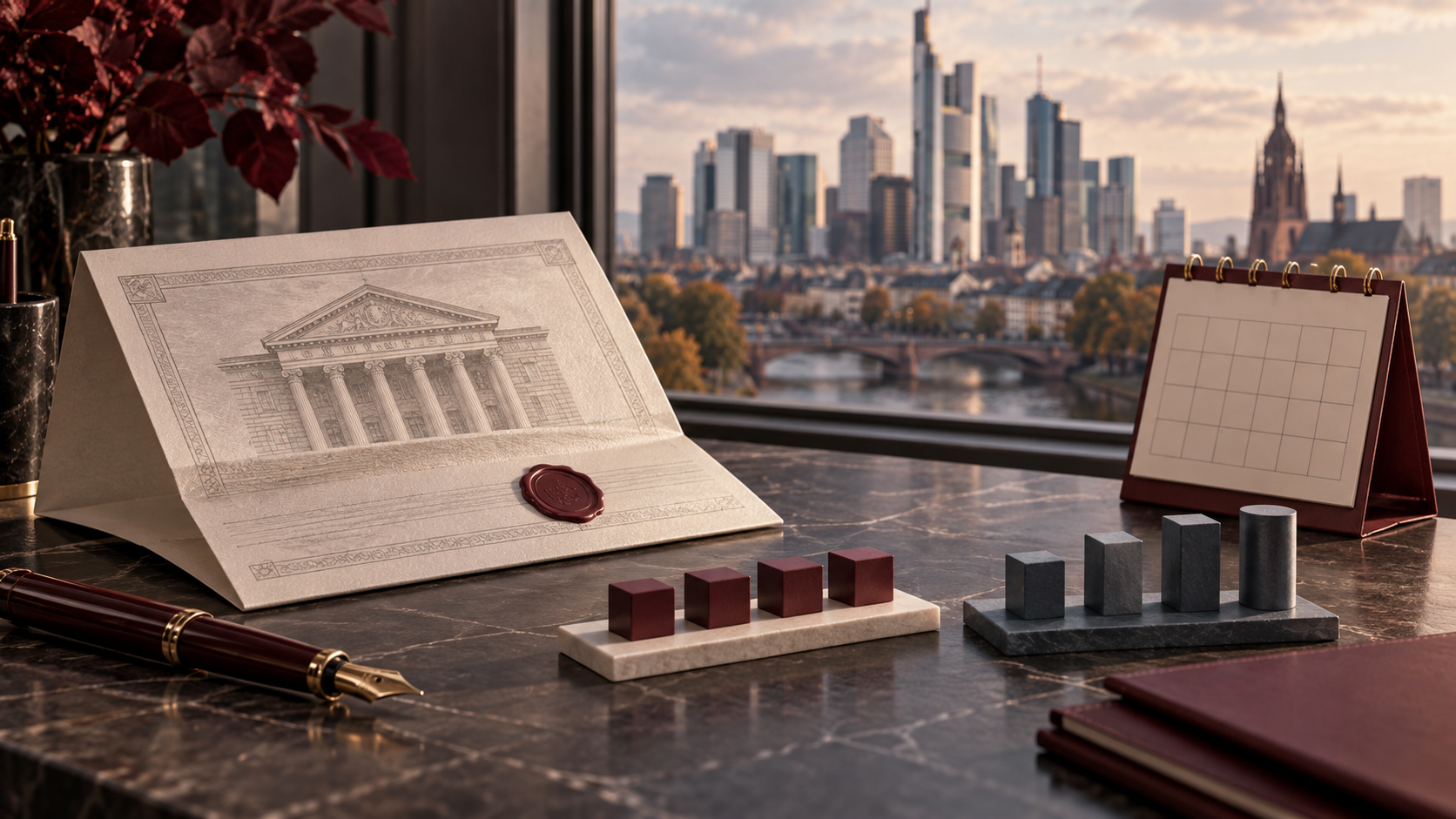 Illustrazione di documenti finanziari e un calendario su una scrivania, con architettura bancaria sullo sfondo
