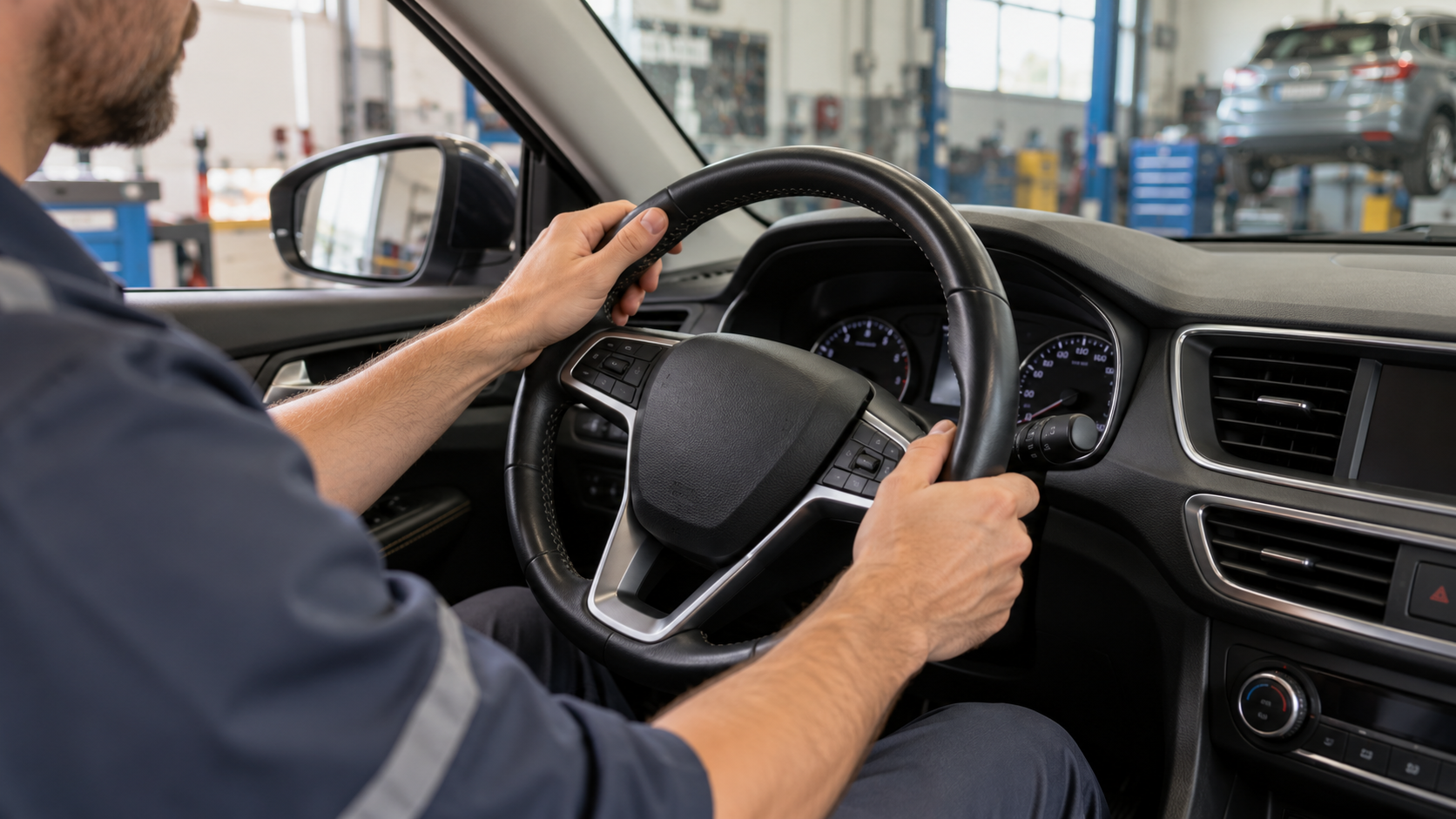 Conducente con le mani sul volante di un’auto ferma in officina durante un controllo dello sterzo