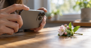Mani che tengono uno smartphone vicino a un piccolo fiore su un tavolo per una fotografia ravvicinata