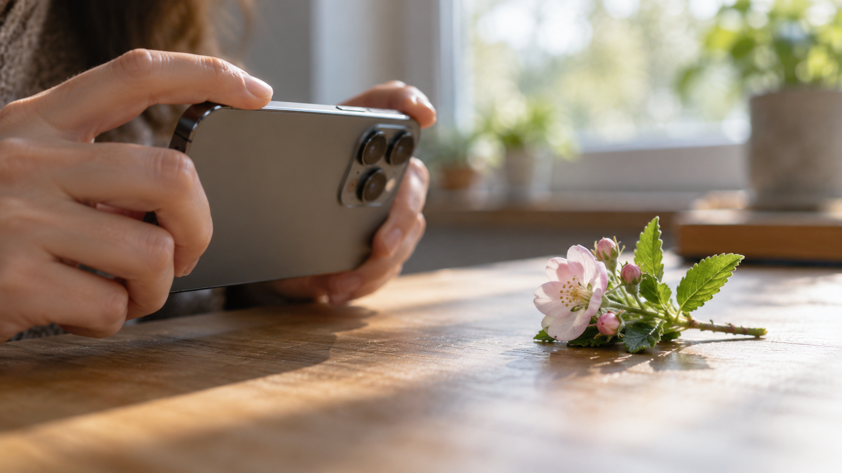 Mani che tengono uno smartphone vicino a un piccolo fiore su un tavolo per una fotografia ravvicinata