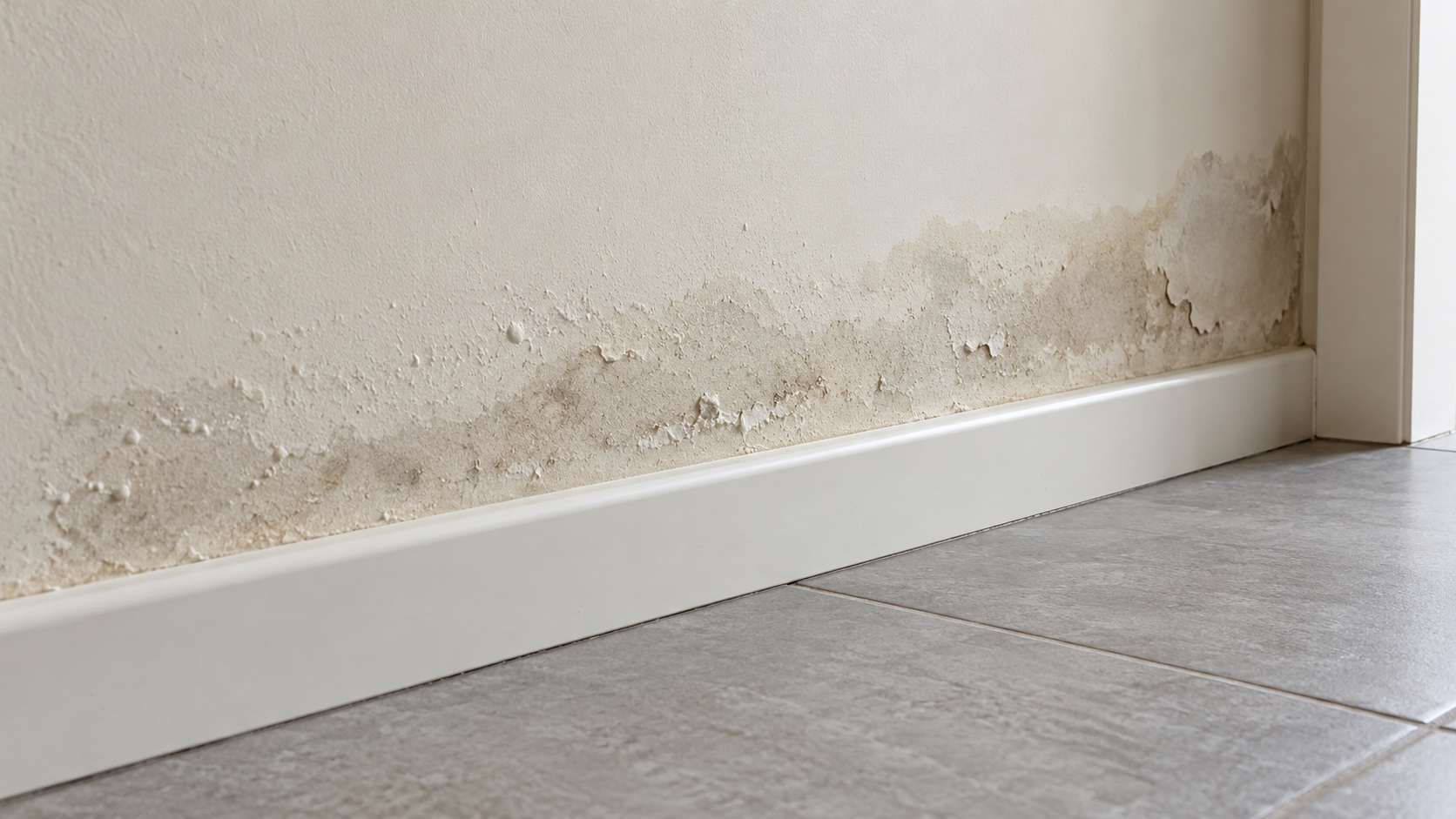 Alone di umidità e pittura sfogliata sulla fascia di muro sopra un battiscopa bianco