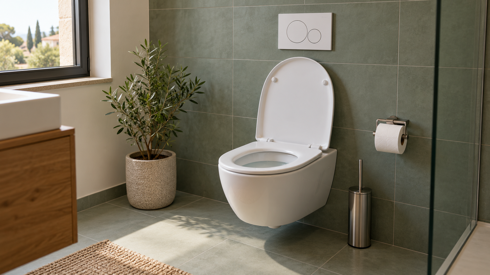 WC sospeso bianco con tazza visibile e placca a doppio pulsante sulla parete